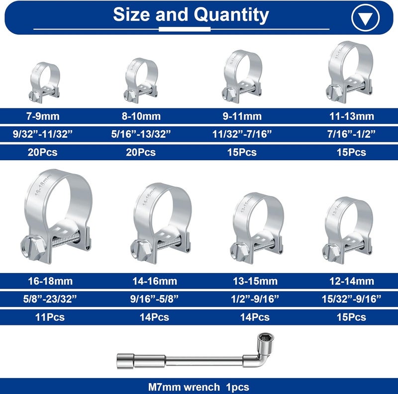 Tnisesm 125PCS Mini Fuel Injection Hose Clamps Adjustable 9/32"-23/32" Dia 7-18mm 304 Stainless Steel Fuel Line Clamps Assortment Kit, for Automotive Diesel Petrol Pipe with Socket Spanner - Image 3